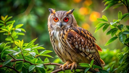 A magnificent red-eyed owl rests gracefully on a branch, enveloped by thriving green foliage in its natural habitat,