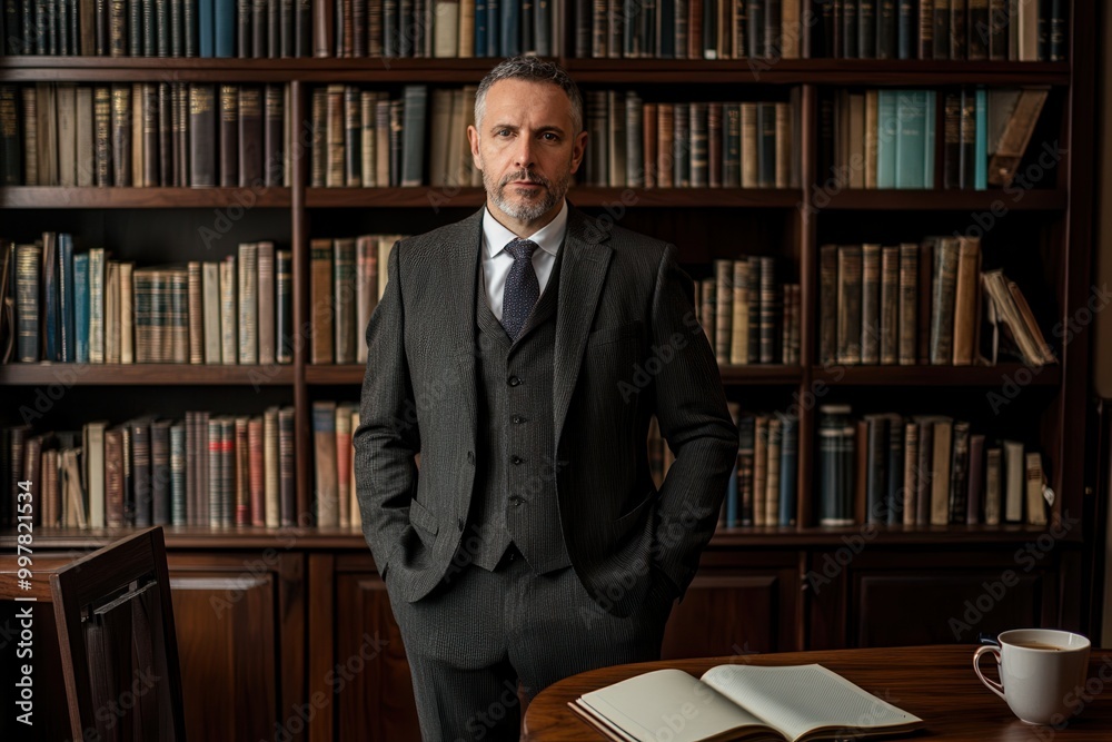 Poster The professor, dressed in a tailored suit, confidently poses in front of an impressive bookshelf that showcases numerous scholarly texts. Generative AI