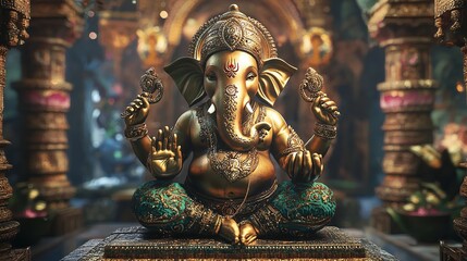 Fototapeta premium Serene Lord Ganesha Seated on Lotus with Golden Background