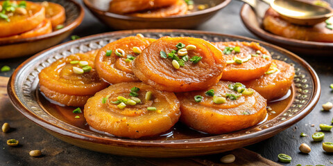 Delicious malpua served on plate, showcasing golden brown pancakes soaked in syrup, garnished with nuts and herbs, perfect for festive occasions