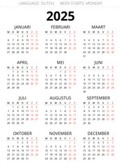 2025 dutch calendar. Printable, editable vector illustration for Dutch. 12 months kalender