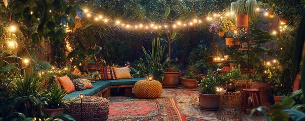 A bohemian garden with eclectic, colorful seating, string lights, and a variety of potted plants, creating a cozy nook for social gatherings