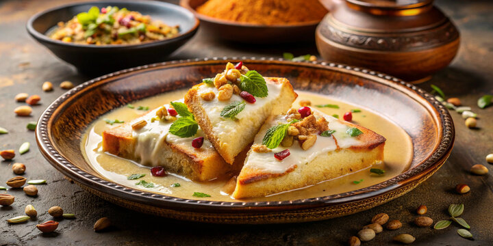 Delight in rich flavors of Shahi Tukda, traditional Indian dessert featuring soft bread soaked in creamy milk, garnished with nuts and mint. This indulgent treat is perfect for celebrations