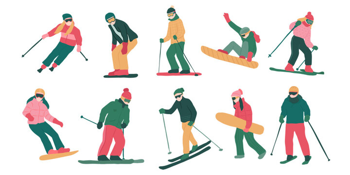 Collection of holiday people skiing and snow board vector illustration