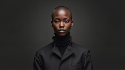 Fototapeta premium Studio portrait of a confident young African American woman with a shaved head wearing a sleek black turtleneck, posing against a dark studio backdrop. Poised expression and minimalist style.
