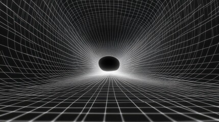 3d abstract black and white background. Retrowave retro 80s 90s futuristic grey laser neon grid surface. Wireframe tunnel net in dark space isolated black Disco music template