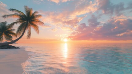 A beach scene with palm trees, crystal-clear waters, and a vibrant sunset, capturing the essence of summer vacation and relaxation. Room for text on the sky.