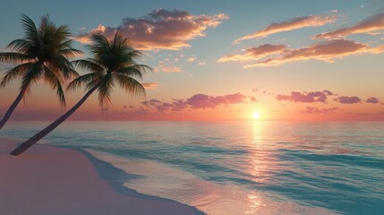 A beach scene with palm trees, crystal-clear waters, and a vibrant sunset, capturing the essence of summer vacation and relaxation. Room for text on the sky.