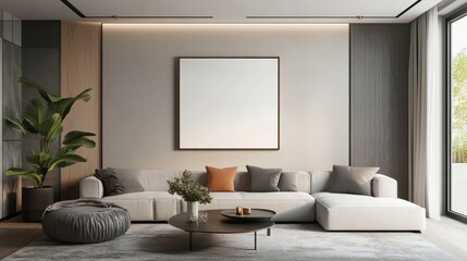 A beautiful canvas frame 3D mockup in modern living room, bed room, kitchen, bathroom interior, Created with AI