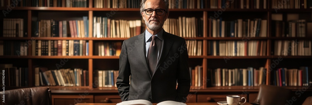 Fototapete a distinguished professor in a suit stands proudly in front of a large bookshelf stuffed with academ
