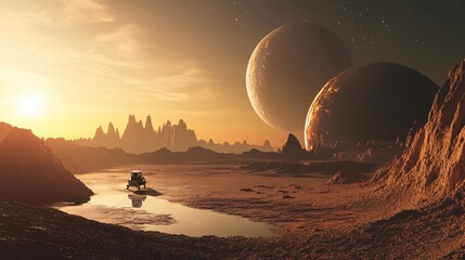 A lone vehicle travels across a barren alien landscape with a distant sun and two planets in the sky.