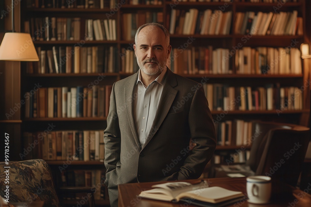 Poster a confident professor in a suit presents a scholarly demeanor as he stands in front of an extensive 