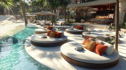 A chic poolside lounge with circular sunbeds, a nearby cabana bar, and a seamless transition to a sandy beach