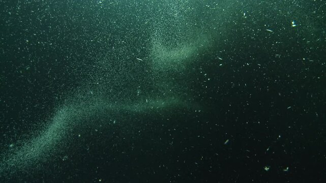 At night, a swirling column of plankton forms a tornado-like shape underwater.