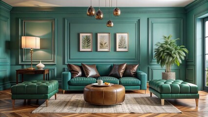 Elegant teal lounge with leather ottomans and curated wall art close-up