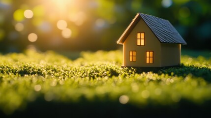 A small model home is placed on green grass, bathed in sunlight against an abstract background. Copy space with a home and life concept. A close up view of a tiny home model in a serene environment.