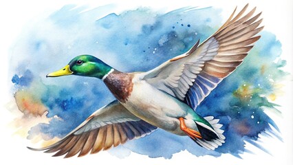 Obraz premium Elegant Watercolor Airborne Mallard with Clever Composition Bird Eye View