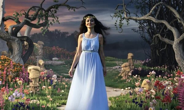 Eurydice, a nymph from Greek mythology, is shown in a peaceful setting wearing a flowing dress. She stands near tall grass and trees, looking graceful yet melancholic.