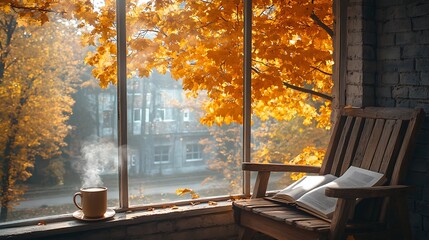 A rustic wooden armchair placed beside a large window, with an open book resting on the armrest and a steaming mug of tea on the side, overlooking a tree shedding golden autumn leaves.