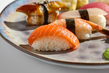 Beautiful Sushi Platter with Salmon, Shrimp, Sea Bass, Tuna, Scallop, and Eel in Modern Light