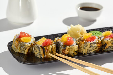 Tempura Roll with Grapefruit and Salmon Vibrant Sushi Photography with Modern Minimalist Aesthetic