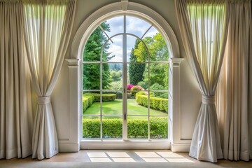 Fototapeta premium elegant white curtains frame a large arched window overlooking a tranquil garden forced perspective