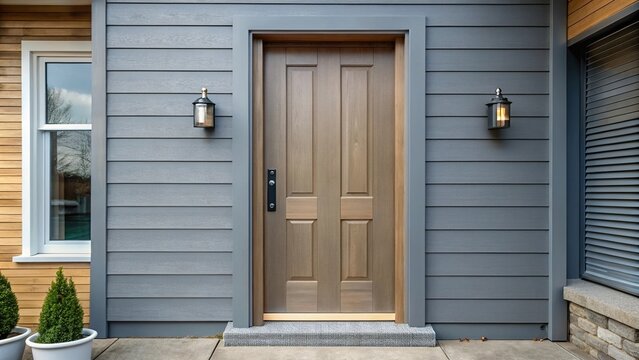 Elevate your curb appeal with a grey front door and wood siding for timeless charm at eye level
