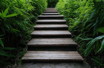 Obraz premium Wooden steps leading through lush green foliage