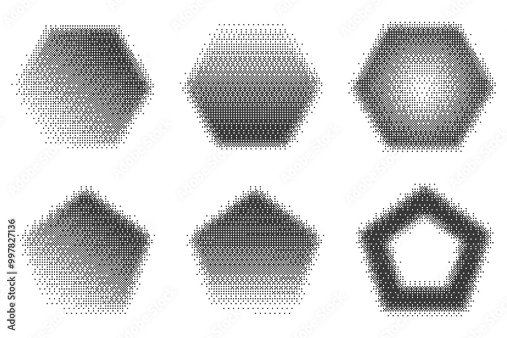 Poster bitmap pixel arcade game effect. hexagon y2k halftone shape. vector dither aesthetic gradient pentag