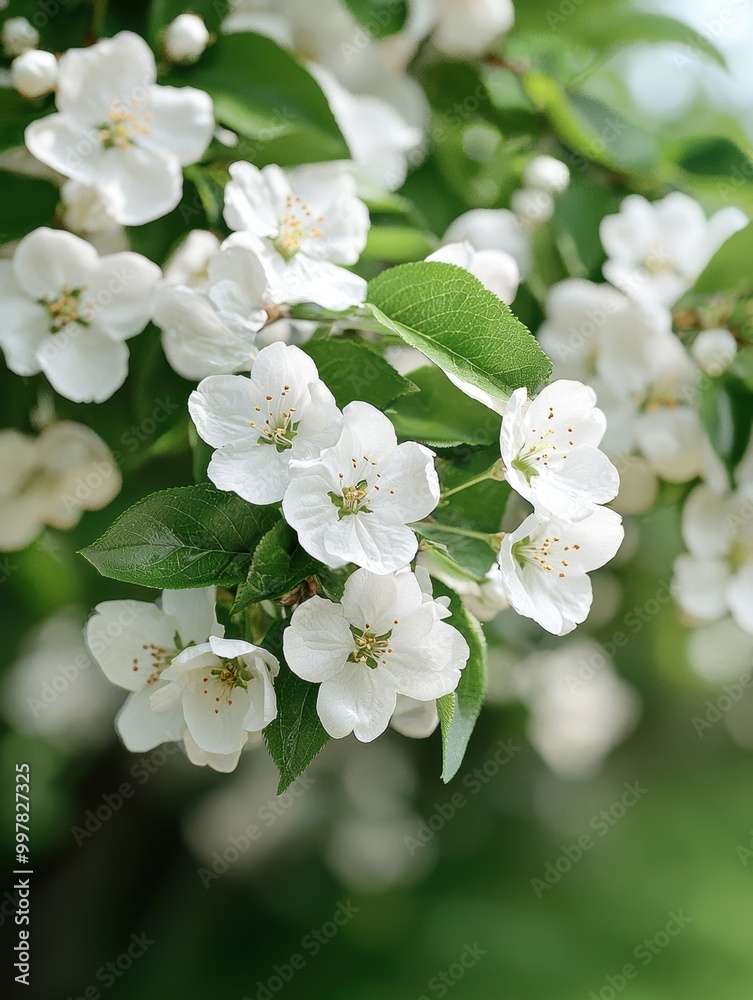 Sticker Blooming white flowers on a tree branch