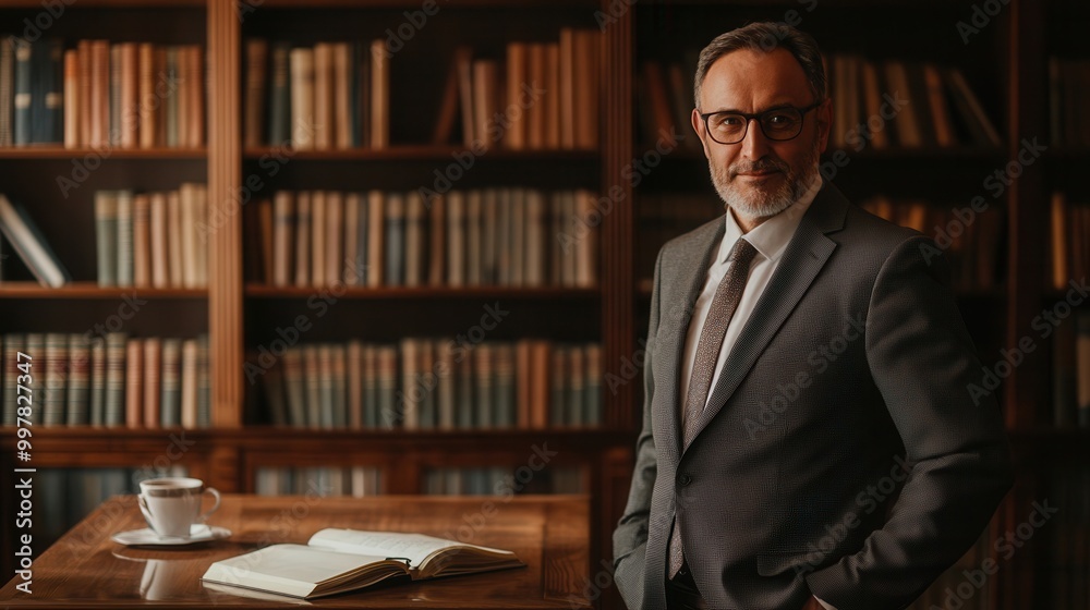 Poster a distinguished professor in a suit poses confidently in front of a well-stocked bookshelf, with a c