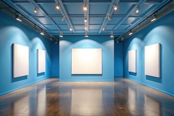 Empty art gallery with blank canvas mock up from worm's eye view