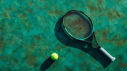 Vibrant Tennis Equipment on Lush Green Court under Midday Sunlight - Sports Concept in High Contrast Flat Lay Composition