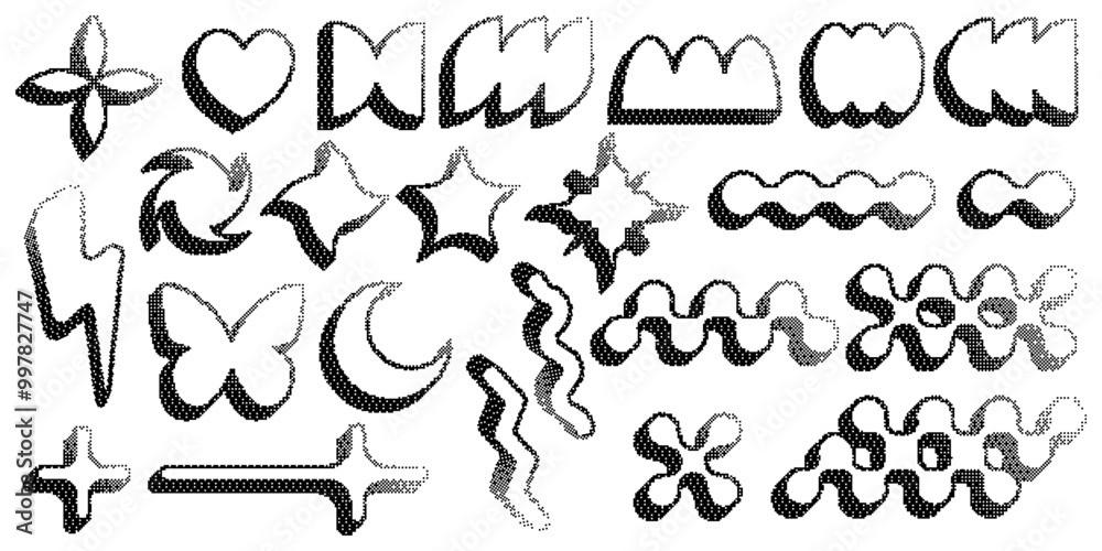 Poster bitmap pattern abstract shapes. stars halftone gradient elements on dark background. y2k graphic abs