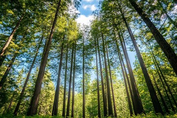 Obraz premium Tall trees in green forest on sunny day