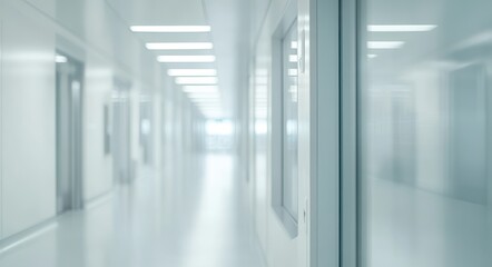 Blurred background of a modern hospital interior with white walls and glass windows, soft focus, white color palette, medical clinic environment, hospital corridor