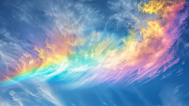 A vibrant circumhorizontal arc stretches across sky, showcasing stunning array of colors. ethereal beauty of this natural phenomenon captivates viewer.