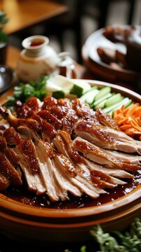Peking Duck with Mandarin Pancakes and Sauce on Wooden Platter 