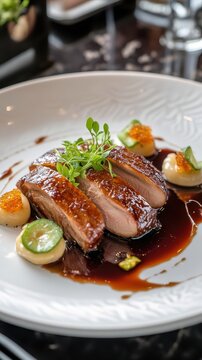 Roast duck with cucumber and sauce in plate 