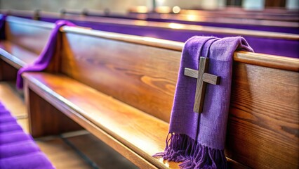 Empty church pew with purple lent scarf and ash cross