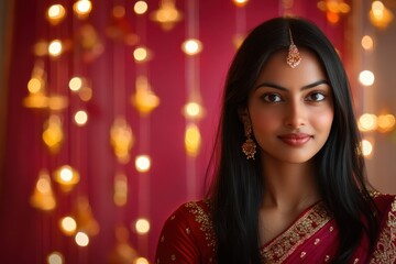 Portrait of Indian woman in rich red saree with gold embroidery, hanging Diwali decorations, with a red to soft burgundy gradient glowing backdrop, Indian traditional Diwali festival, Diwali 