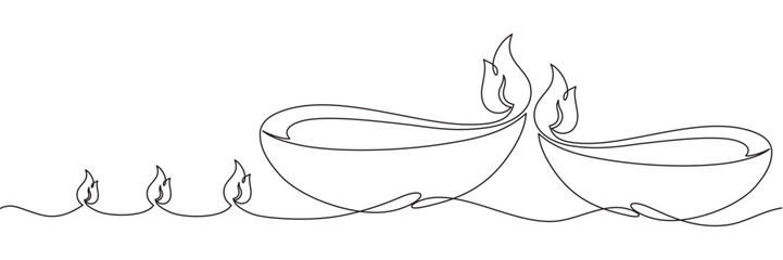 Continuous one line drawing of oil lamp deepavali. One line drawing illustration of indian festival diwali. Indian culture, International diwali day concept line art. Editable outline	