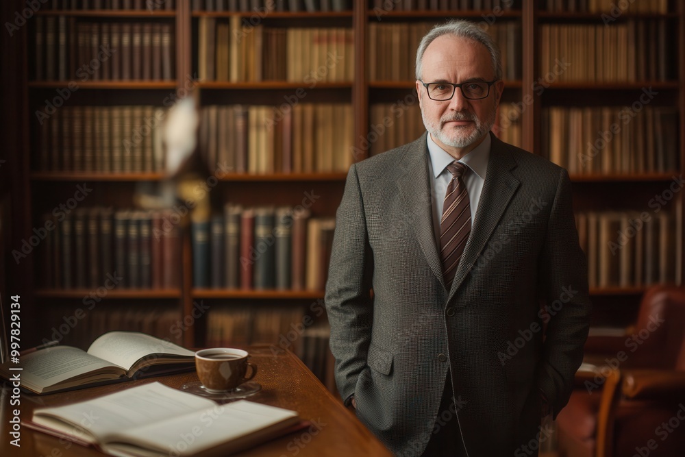 Leinwandbilder a distinguished professor poses confidently in a suit, surrounded by shelves lined with books in a w