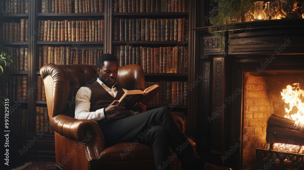Poster a man sits comfortably in a leather armchair in a library, engrossed in a book while a warm fire cra