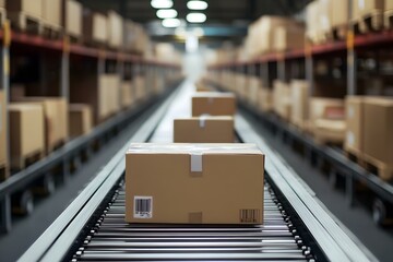 Cardboard boxes on conveyor belt in distribution warehouse