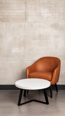 Cozy modern seating area showcasing a brown accent chair with a white round table against a textured gray wall