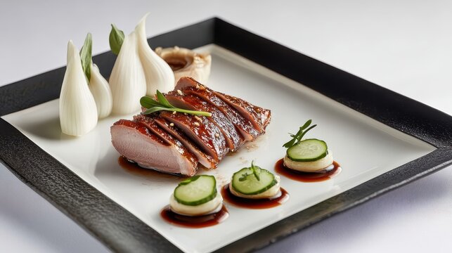 Roast duck with cucumber and sauce in plate 
