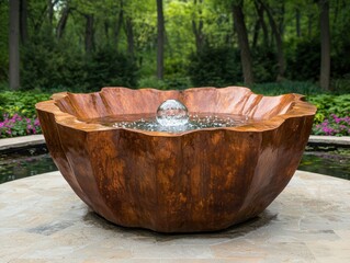 Fototapeta premium Wooden water feature with glass sphere in lush garden