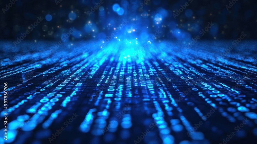 Poster blue digital binary data on computer screen background