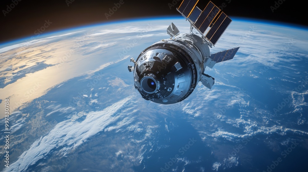 Poster a spacecraft is seen orbiting earth. it has a white and black body with solar panels. it is above a 